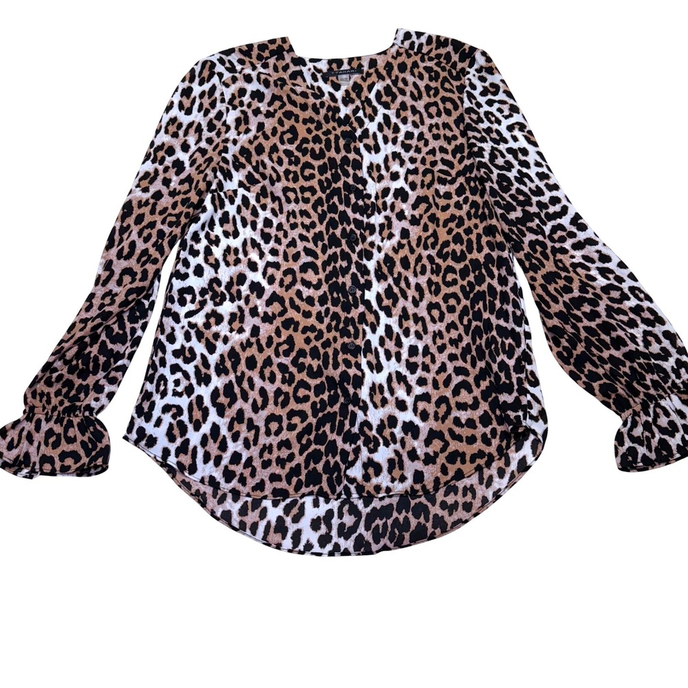 T Tahari Leopard Print Long Sleeve Button Up Blouse Womens XS